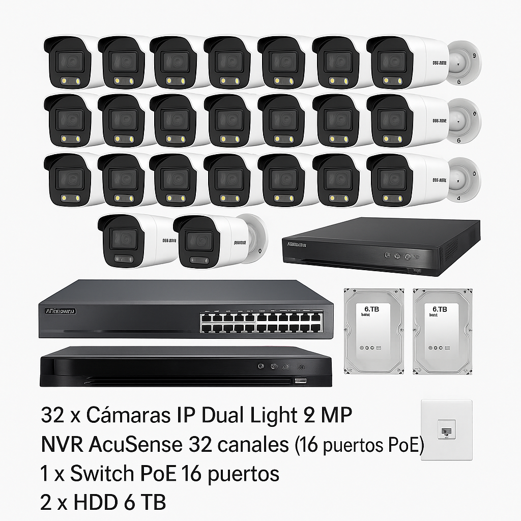 Combo IP 32 Cámaras – Dual Light 2 MP + NVR PoE + HDD 1TB + Instalación